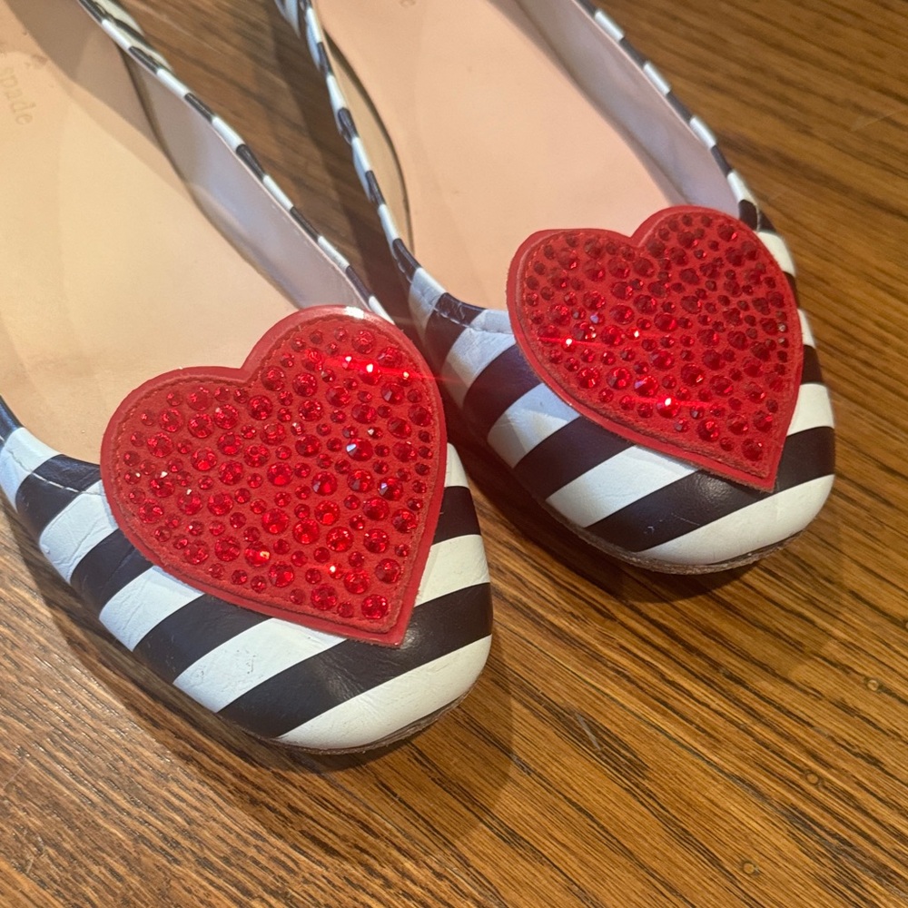 kate spade Black and White Striped Flats with Red Heart Appliqués - Picture 2 of 5